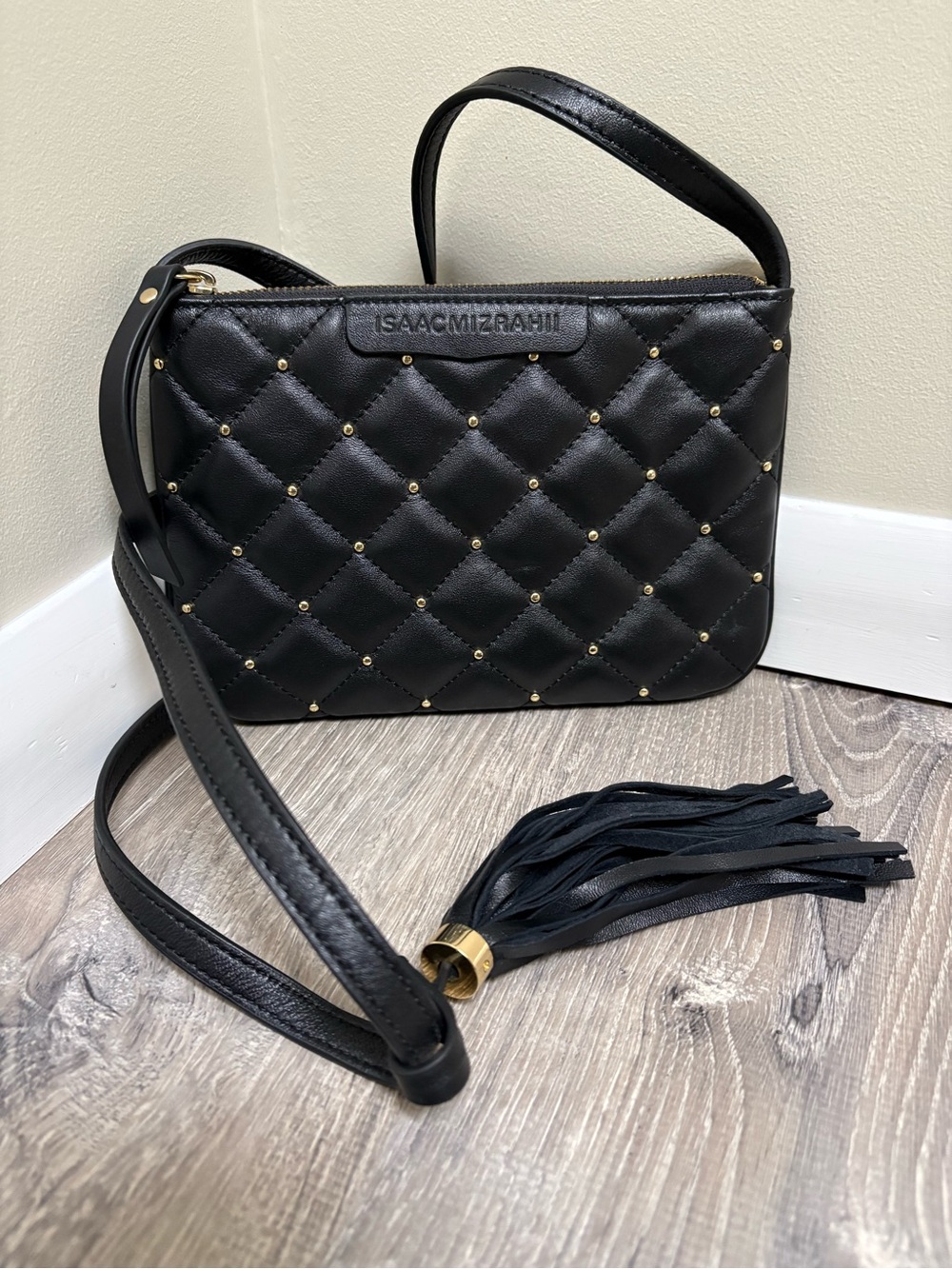 Isaac Mizrahi Black Quilted Genuine Leather Crossbody with Gold Studding NWT